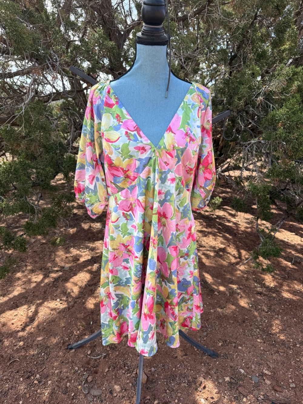 Lucy Paris Floral Puff-Sleeve Mini Dress in Pink, Green & Yellow
